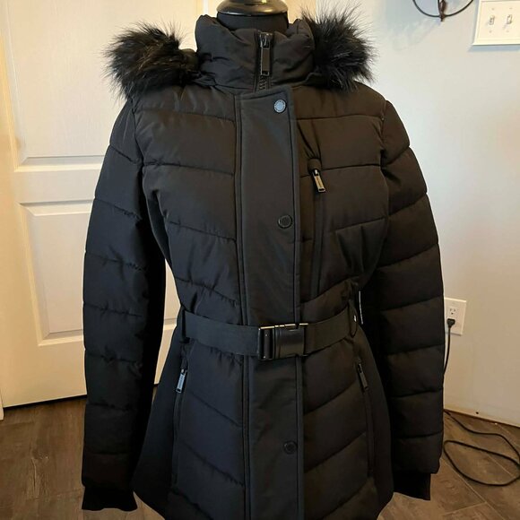 London Fog Women's Belted Puffer Jacket with Removable Faux Fur Hood Black Small - Picture 2 of 10